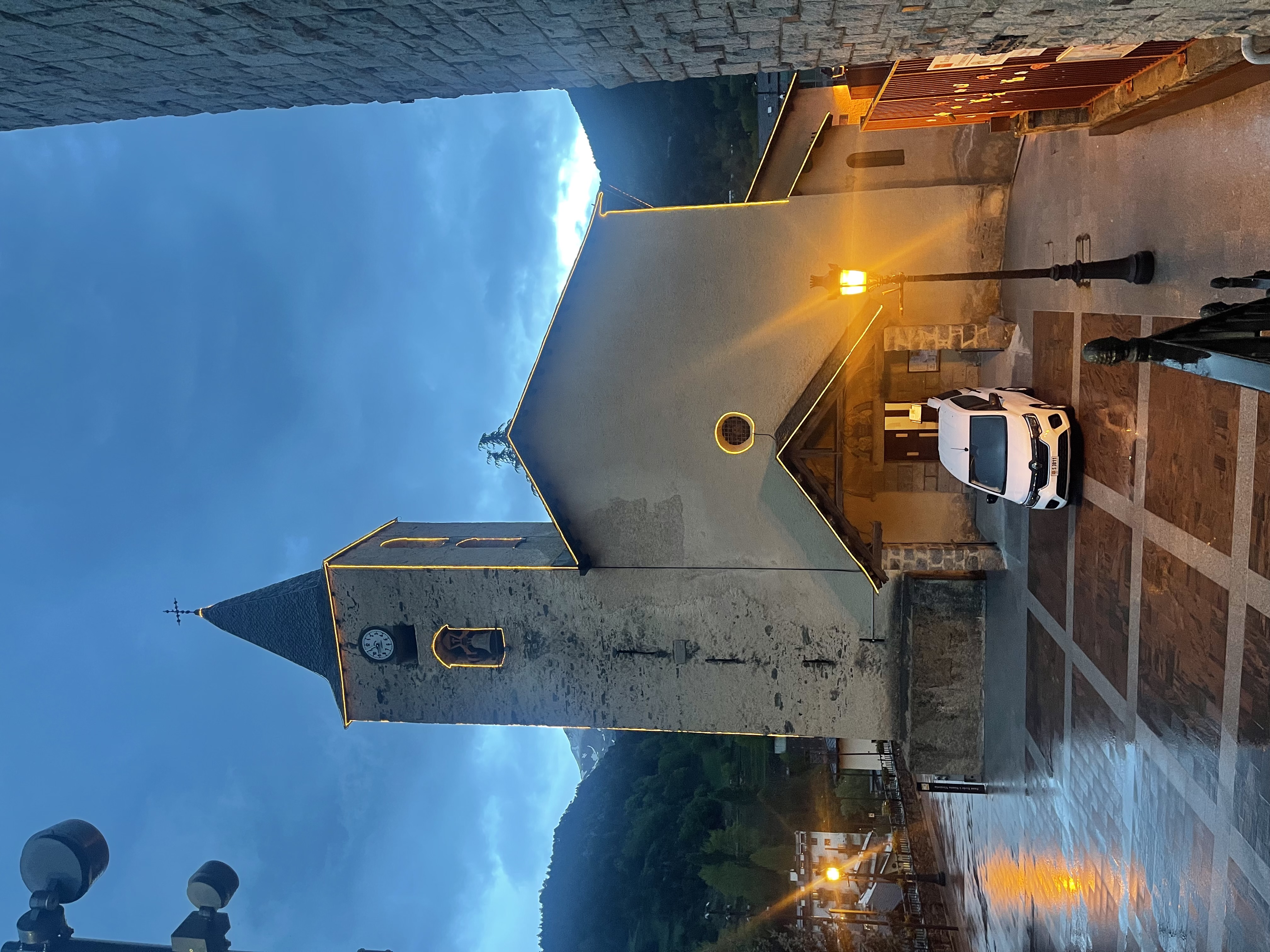 Sant Iscle i Santa Victòria church at dusk, La Massana